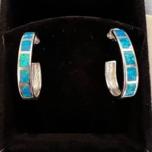 Silver hoop earrings with opal inlay